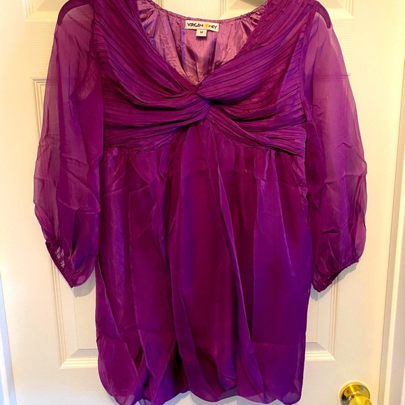 Chiffon Baby Doll Bubble Hem Mini Dress 3/4 Puff Sleeve in Purple NWT MED - Picture 7 of 16